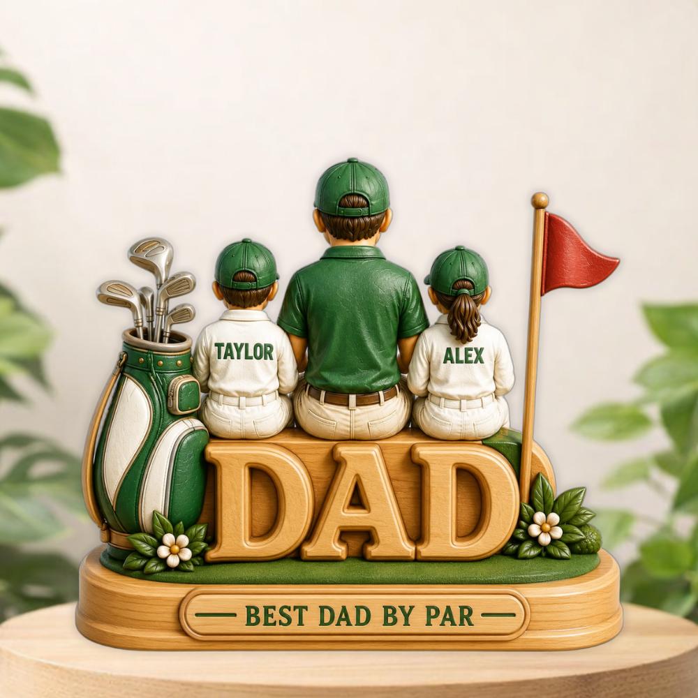 Personalized Golf Dad Wooden Block Custom Wood Sign Golf Gift for Him Golfing Father's Day Gift Dad Custom Family Figurine With Kids Names