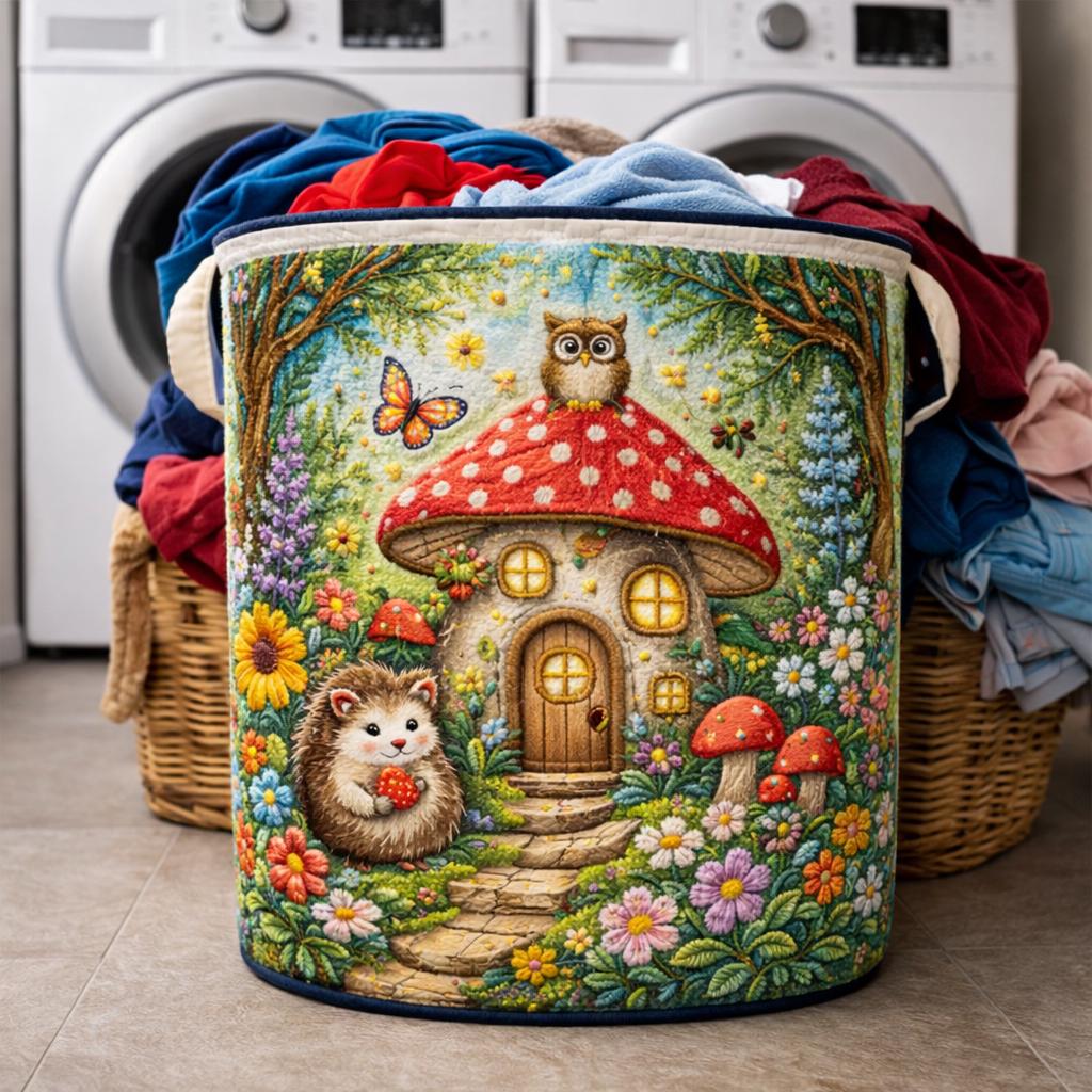 Quilted Laundry Basket With Forest Mushroom House Design, Cute Laundry Hamper, Fabric Storage Basket, Nursery Decor, Gift for Home