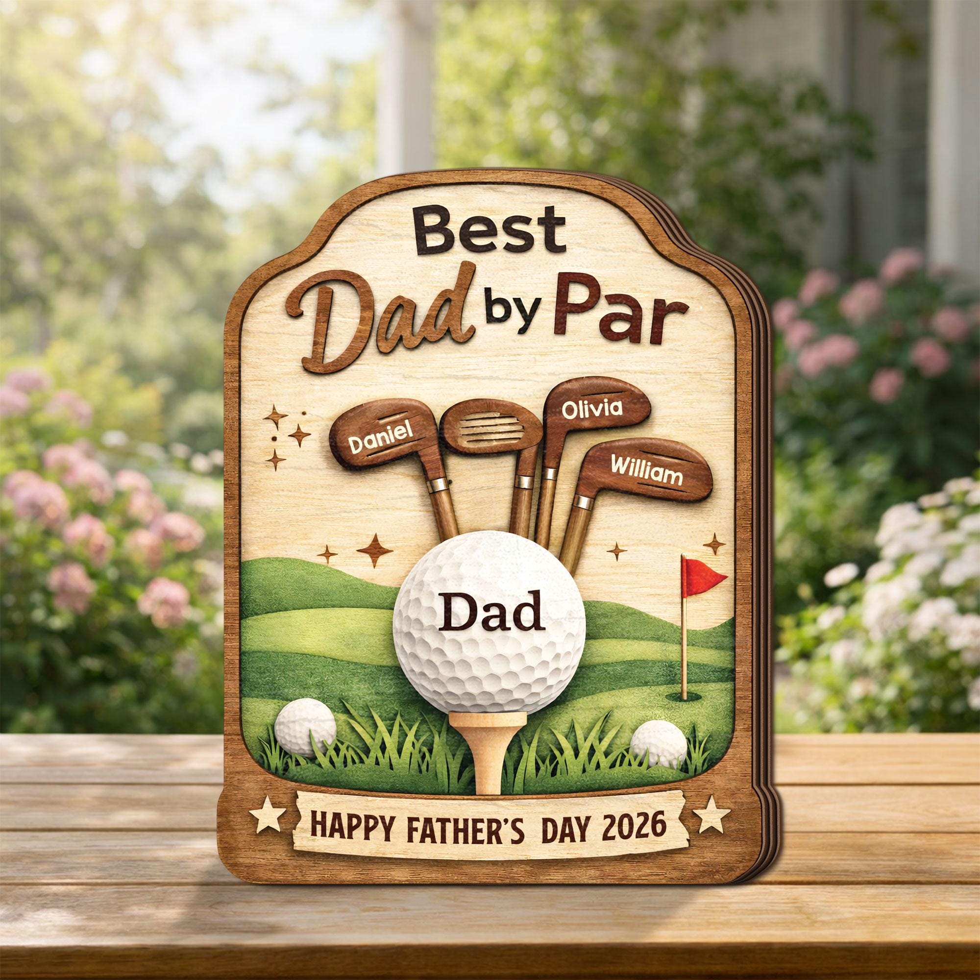 Best Dad by Par Wooden Block, Personalized Golf Dad Gift, Fathers Day Gift From Kids, Custom Name Golf Father Decor, Dad Desk Wooden Plaque