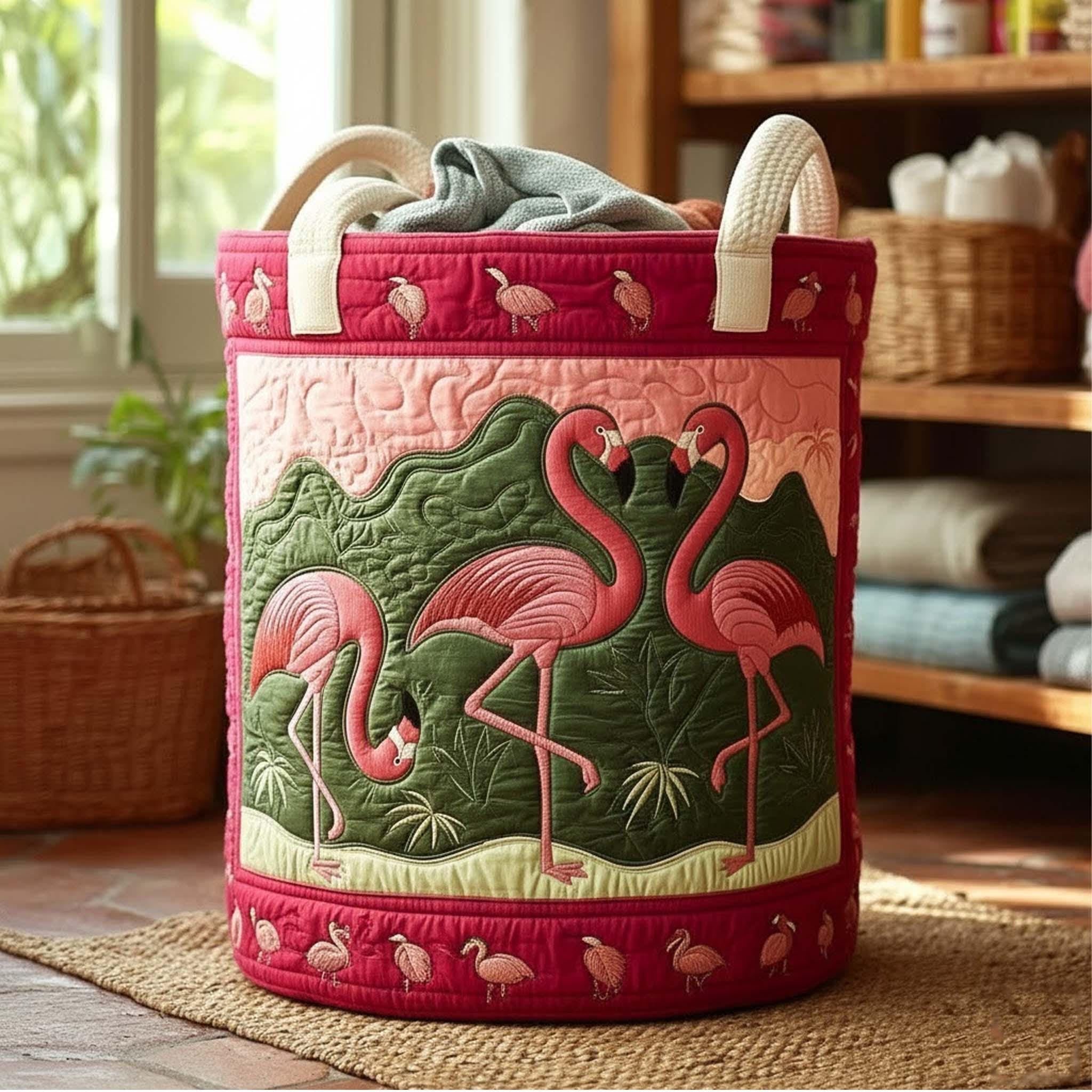 Flamingo Quilted Laundry Basket Hamper, Tropical Pink Bird Clothes Storage Bin, Large Dirty Laundry Organizer, Gift for Her Beach Lover