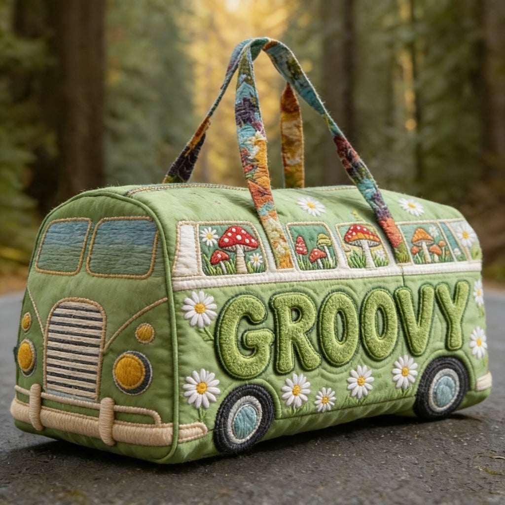 Cute Bus Duffle Bag for Women, Daisy Mushroom Print Travel Weekender Bag, Large Capacity Overnight Handbag