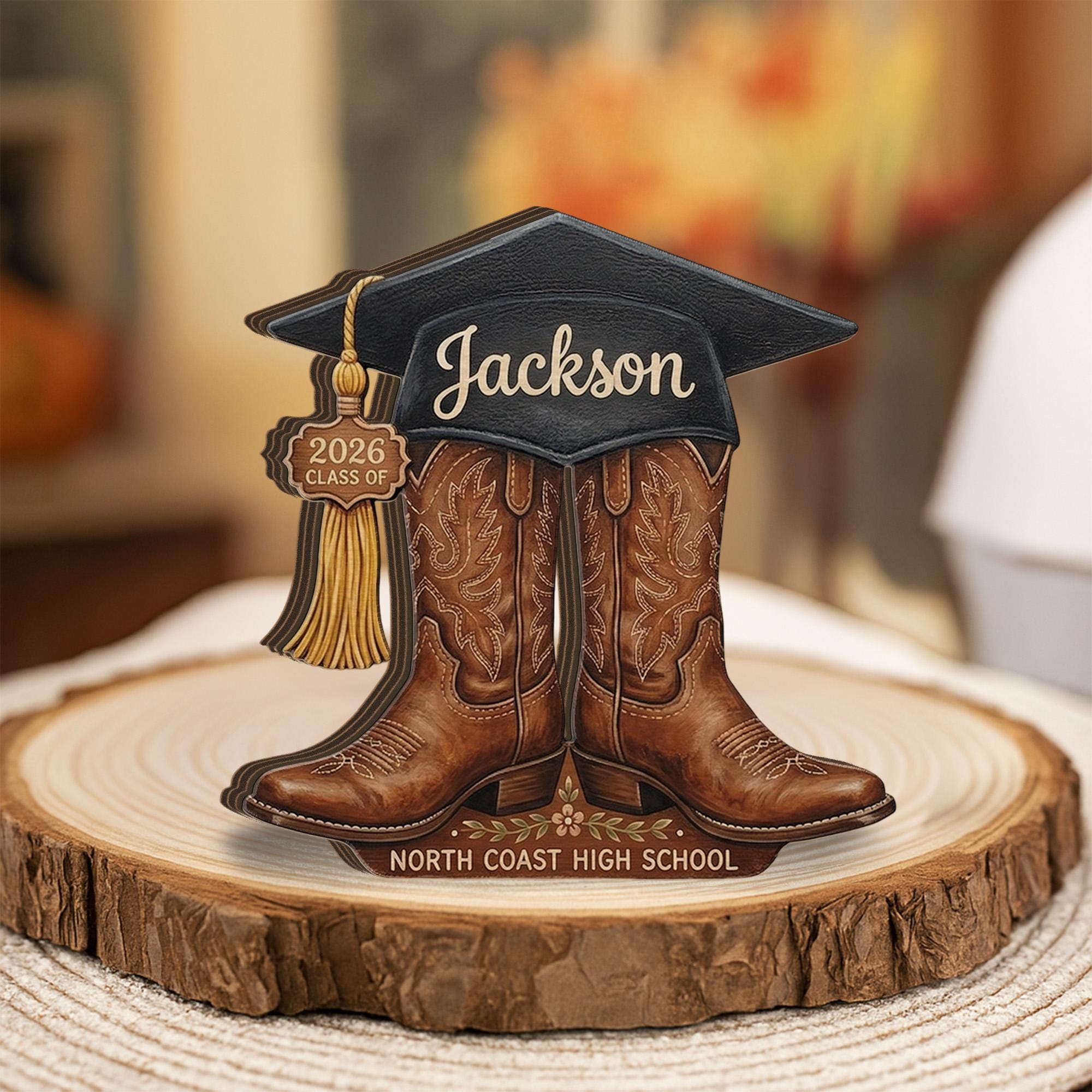 Personalized Wooden Block, Graduation Cap Cowboy Boots Decor, Custom Name Class Year Display, Senior Keepsake