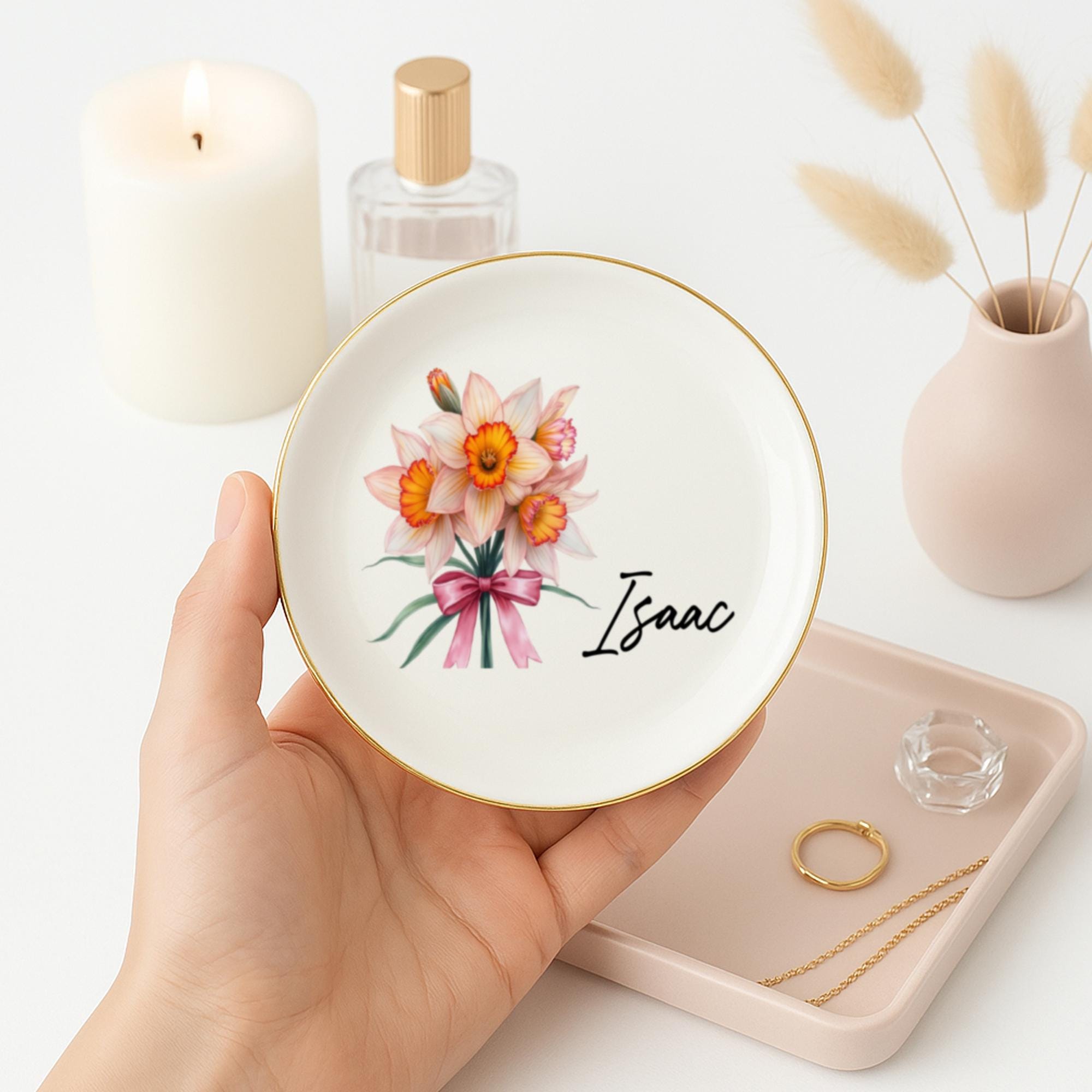 Personalized Birth Flower Ceramic Jewelry Dish_ Custom Trinket Tray, Custom Watercolor Flower Ring Dish, Wedding Bridesmaid Gift, Birthday Jewelry Dish, Christmas Gifts