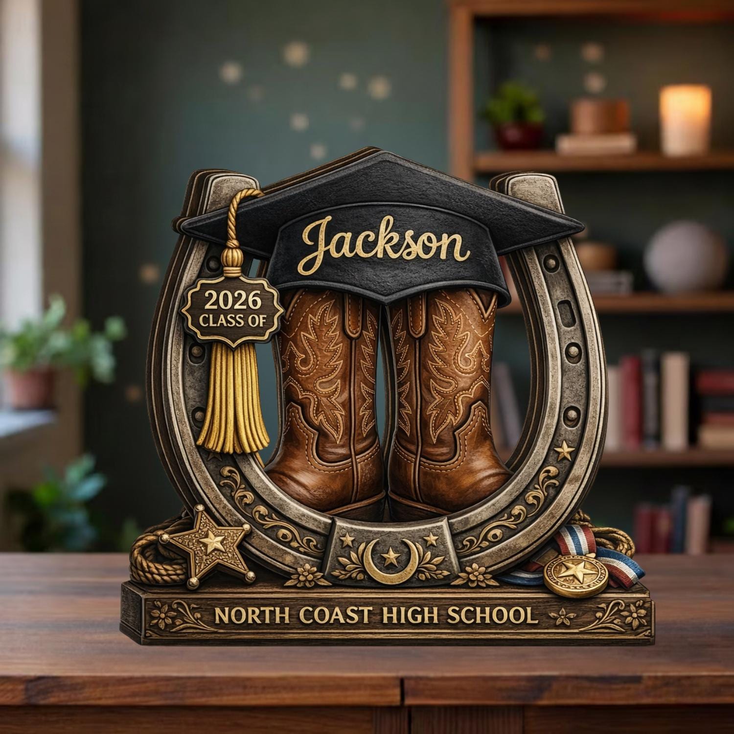 Personalized Graduation Wooden Block, Cowboy Boots Class of 2026 Gift, Custom Name Senior Keepsake, Western Graduation Decor, Wooden Sign