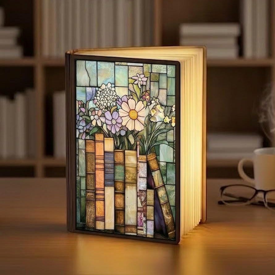 Book Lovercc, Stained Glass Bookshelf Design, LED Foldable Book Lamp, Cozy Reading Night Light, Reading Nook Lamp, Bookish Gifts