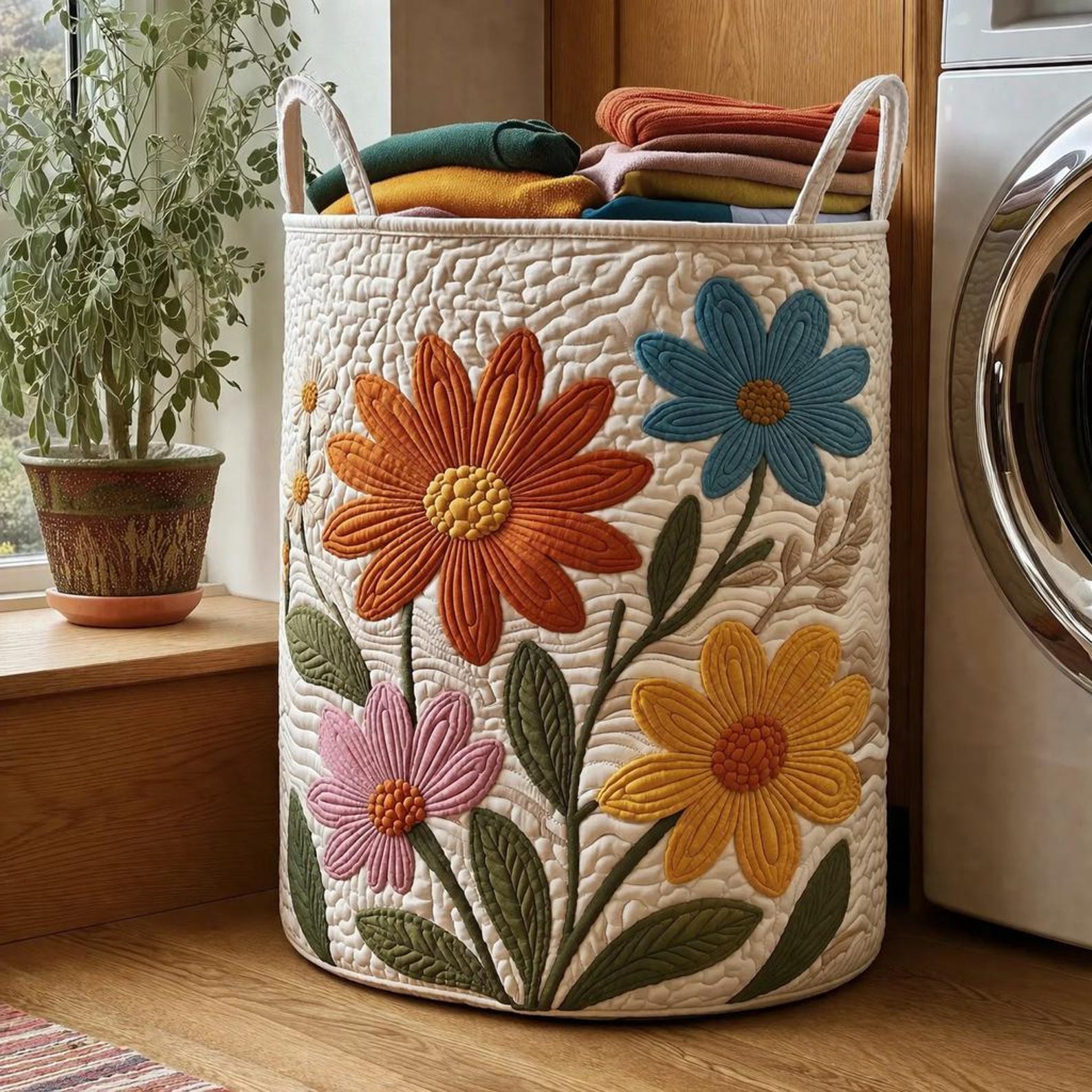 Floral Quilted Laundry Basket, Cottagecore Fabric Storage Bin, Foldable Clothes Hamper for Bedroom Nursery Bathroom Decor.LBPETAL15