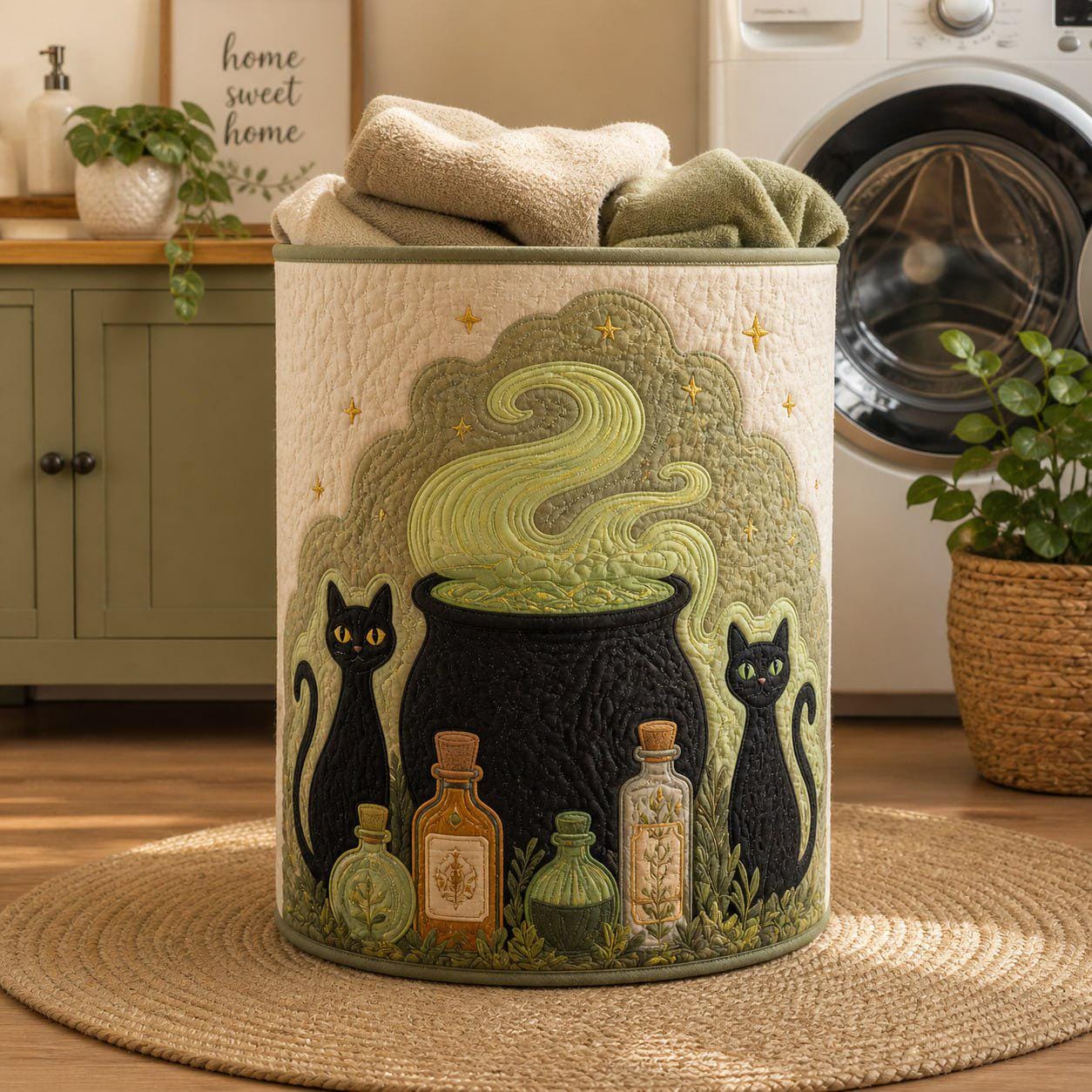 Witchy Quilted Laundry Basket, Black Cat Halloween Hamper, Spooky Cauldron Storage Bin, Gothic Fall Decor Basket