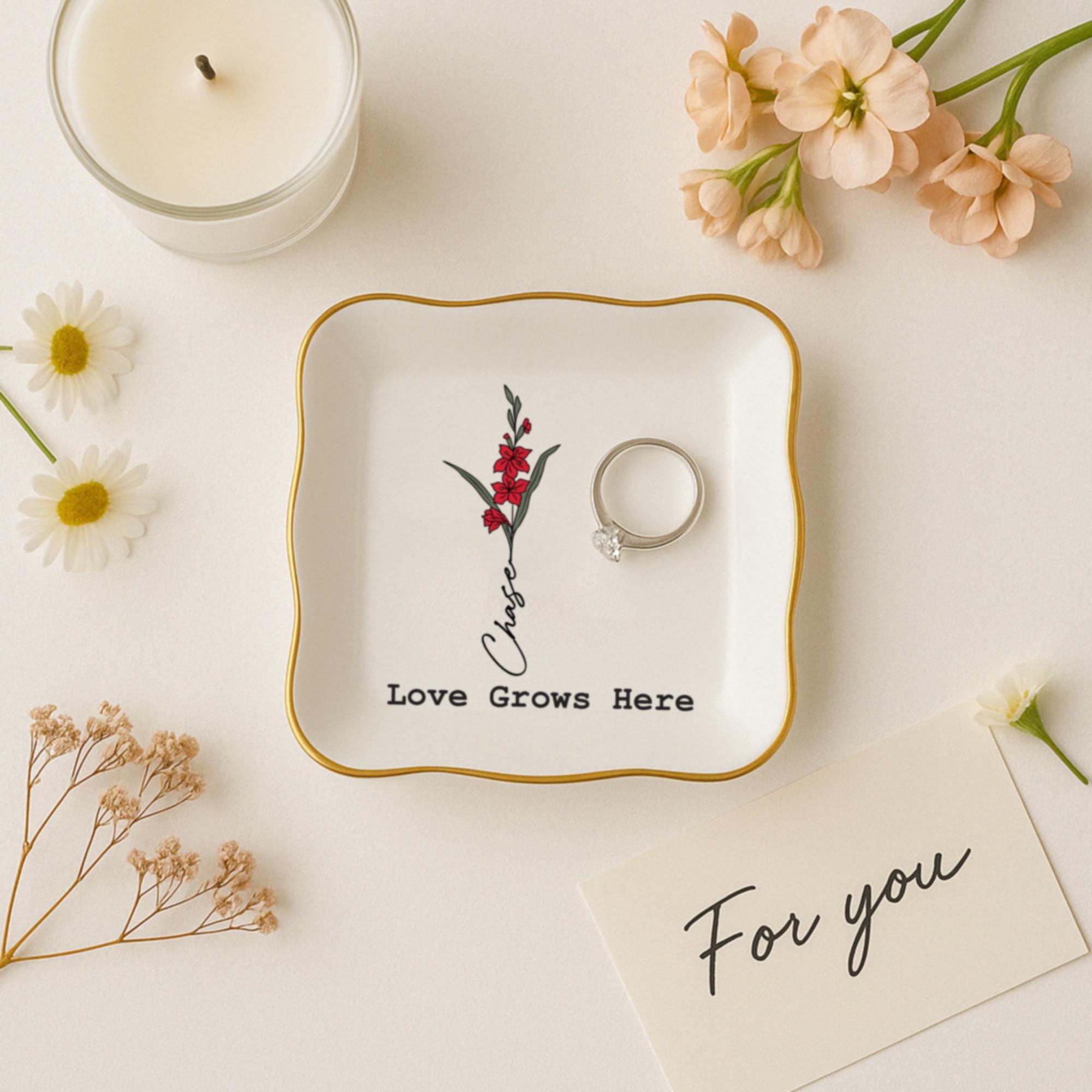 Personalized Birth Flower Ceramic Jewelry Dish_ Custom Trinket Gift - Etsy,ring Holder Dish,wedding Bridesmaid Gift