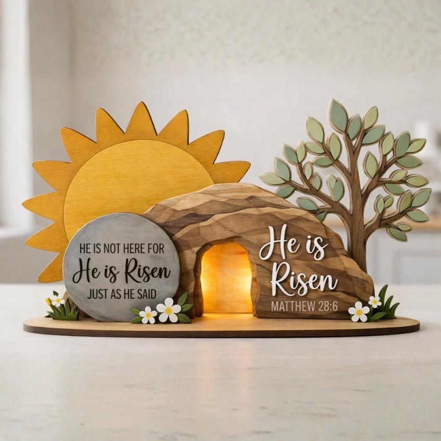 He is Risen Easter Table Sign, Christian Resurrection Wooden Block, Empty Tomb Cross Wood Shelf, Religious Home Decor Gift, Easter Gift