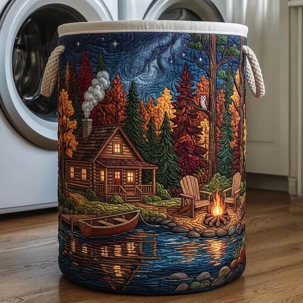 Quilted Laundry Basket with Rustic Cabin Night Scene, Starry Sky Lake Storage Bin, Cozy Woodland Hamper, Cabin Room Decor