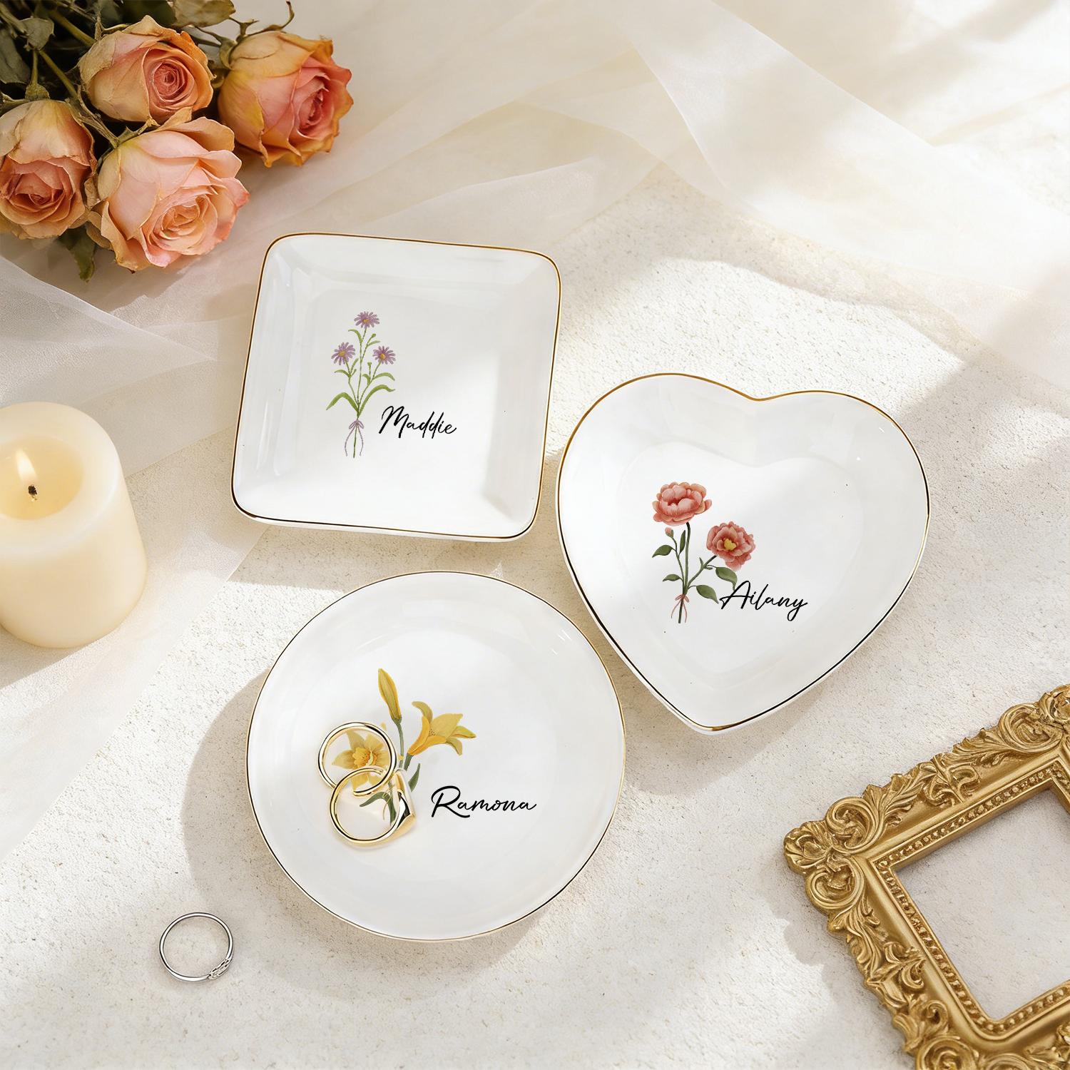 Personalized Birth Flower Trinket Dish, Custom Watercolor Flower Ring Dish, Wedding Bridesmaid Gift, Gift for Friends, Birthday Gift for Her
