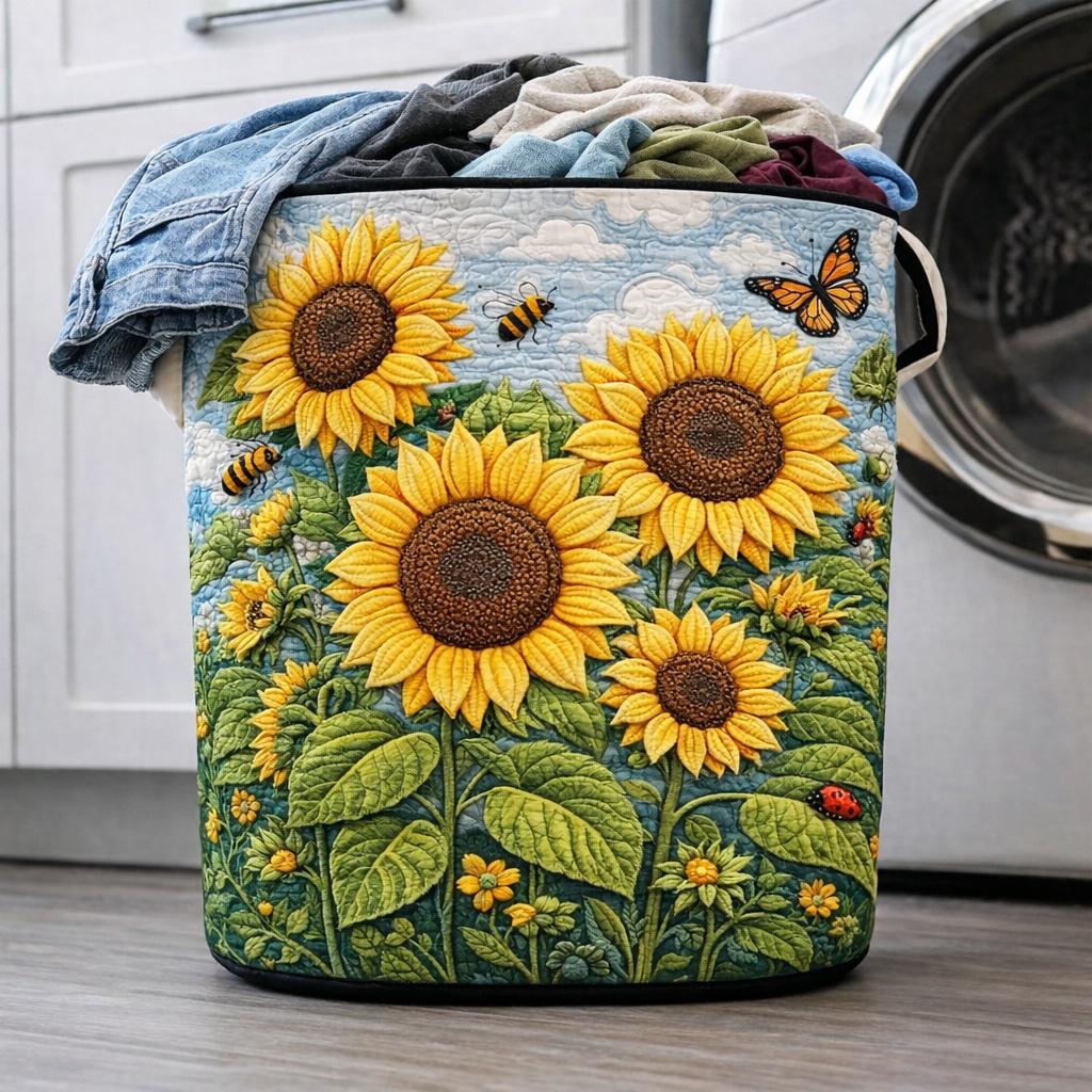 Quilted Laundry Basket With Sunflowers, Decorative Fabric Basket for Laundry, Floral Storage Basket, Home Organization Basket