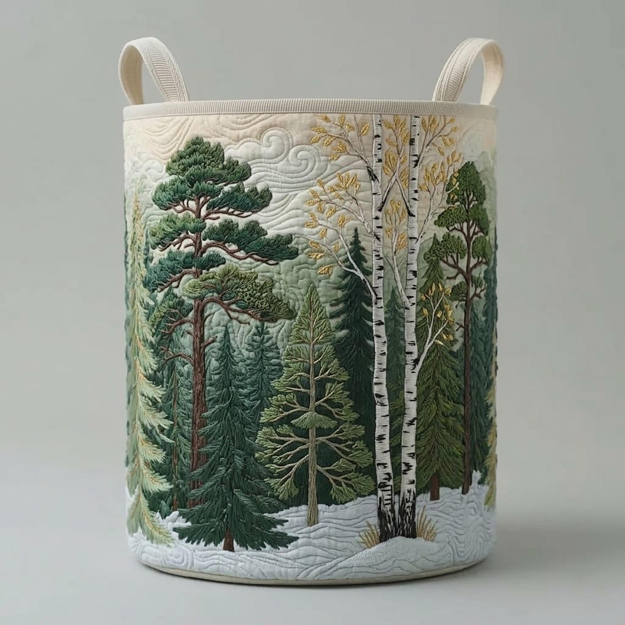 Pine Forest Quilted Laundry Basket_ Foldable Oxford Cloth Storage Bin, Woodland Nature Hamper