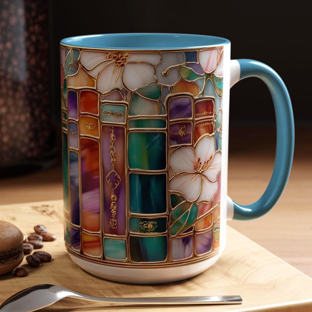 Stained Glass Print Book Mug_ Floral Library Coffee Cup, Book Lover Reading Nook Gift