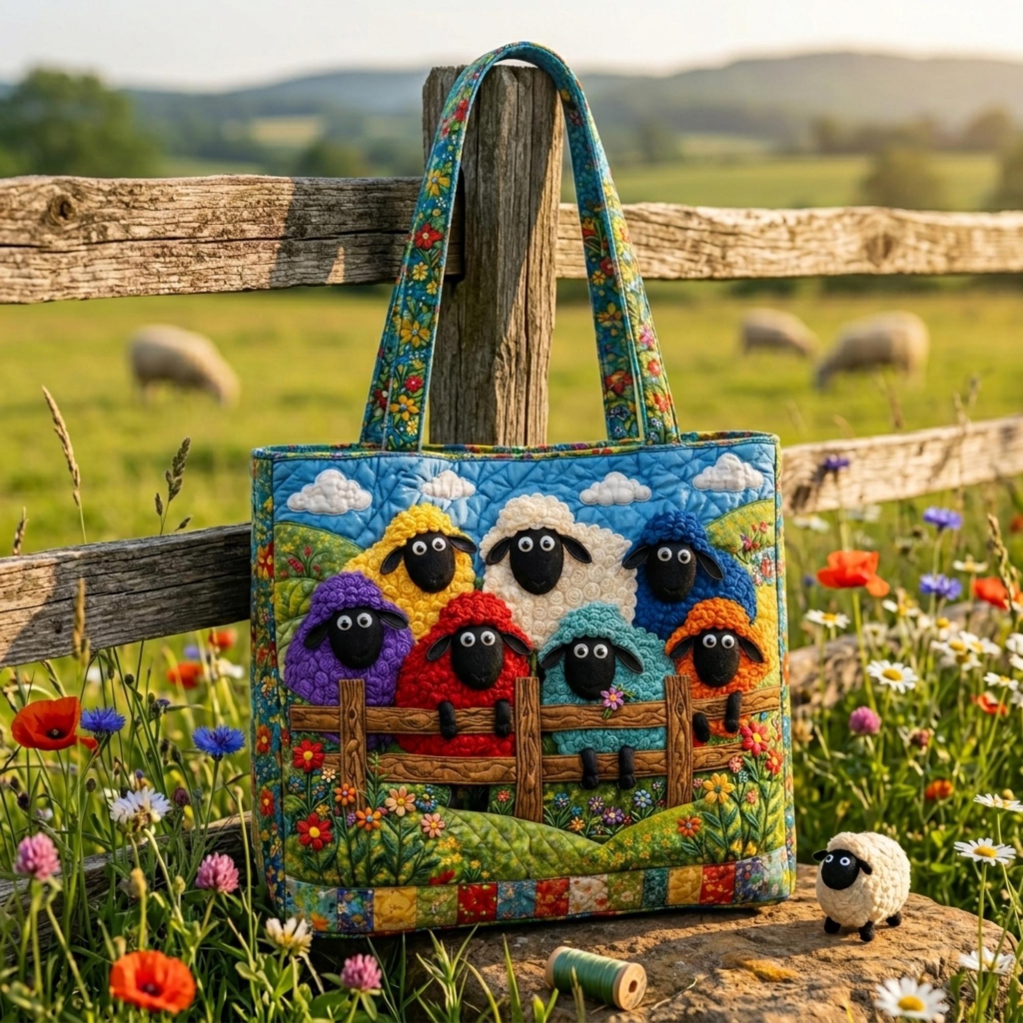 Colorful Sheep Quilted Tote Bag, Farm Animal Patchwork Handbag, Cottagecore Fabric Shoulder Bag