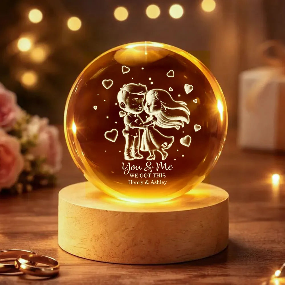 Loving Chibi Couple - Personalized Crystal Ball LED Night Light , Valentines Day Wedding Anniversary Gift For Couple