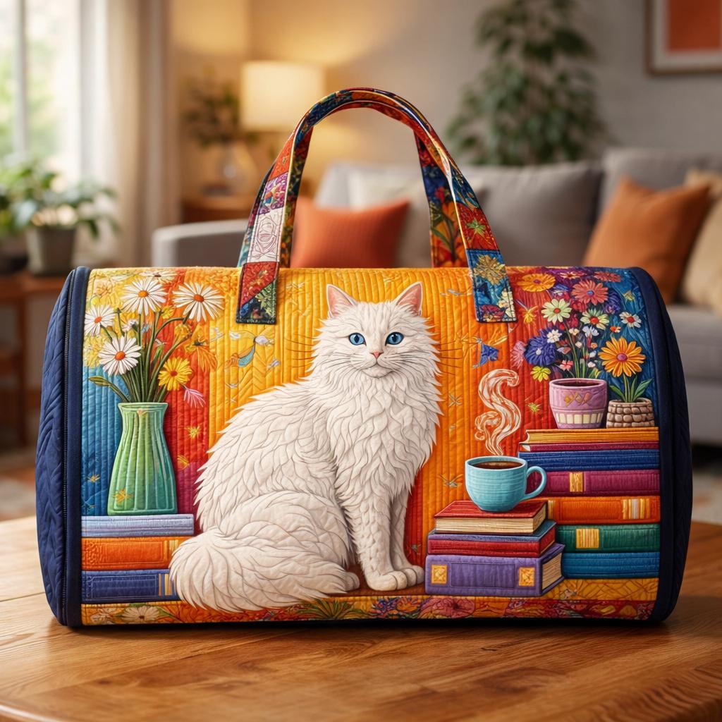 Cat Book Quilted Duffle Bag_ Camper Bus Travel Weekender Bag, Best Duffle Bags for Women, Cute Weekender Duffel Gift for Her