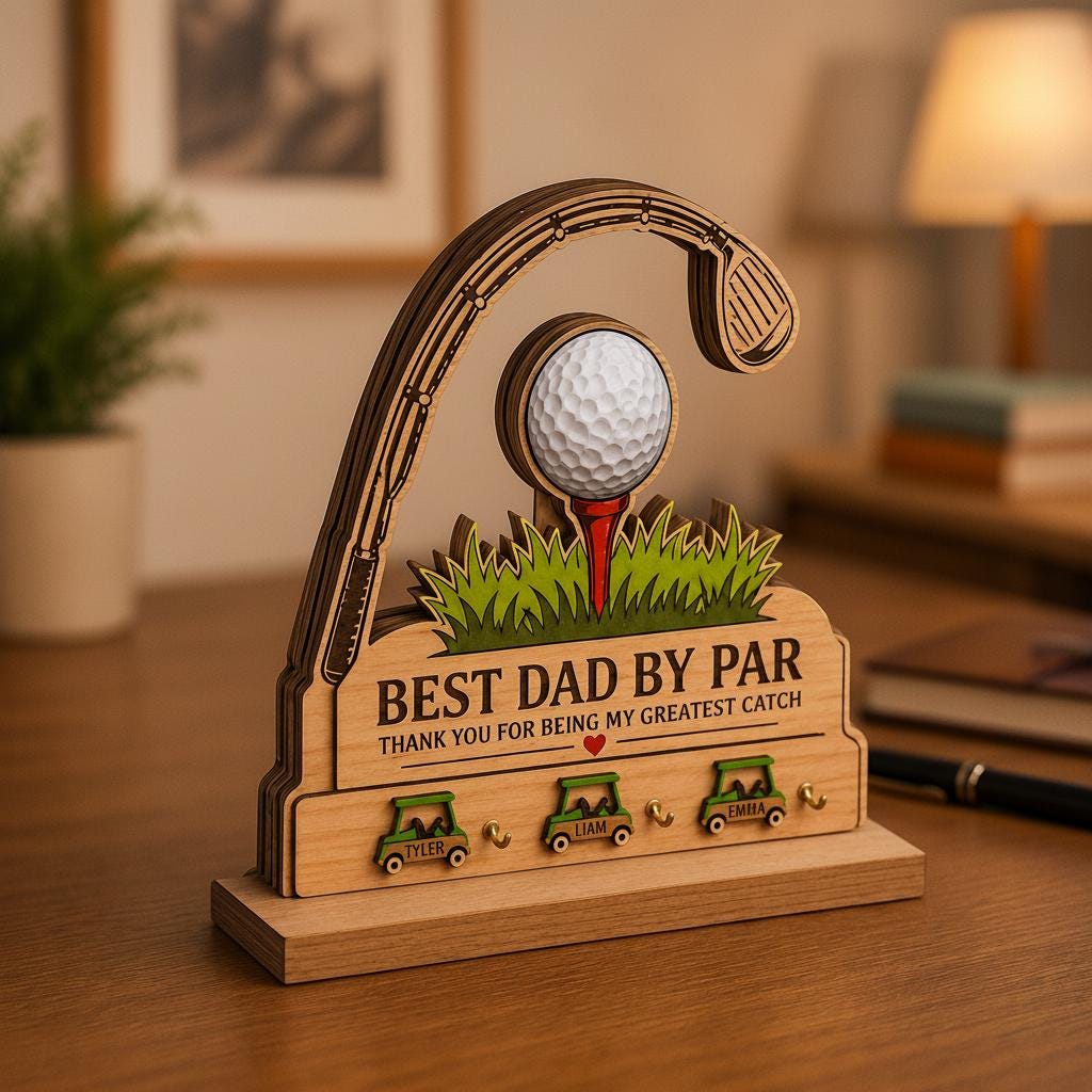 Personalized Golf Key Holder for Dad, Best Dad by Par Wooden Key Rack, Father's Day Gift From Kids, Custom Golf Lover Present