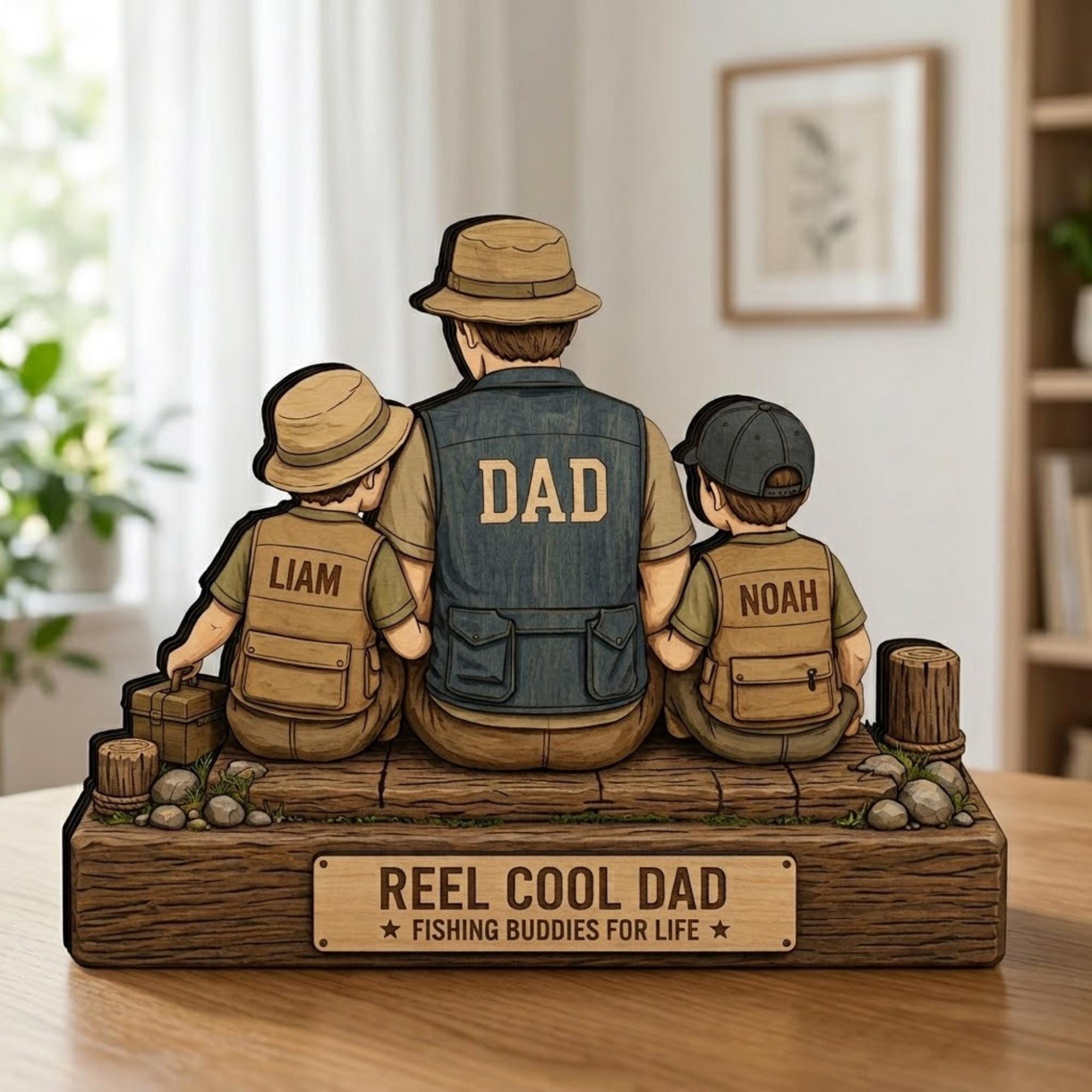 Personalized Fishing Dad Wooden Block, Gift Custom Father and Kids Name Sign, Reel Cool Dad Rustic Keepsake