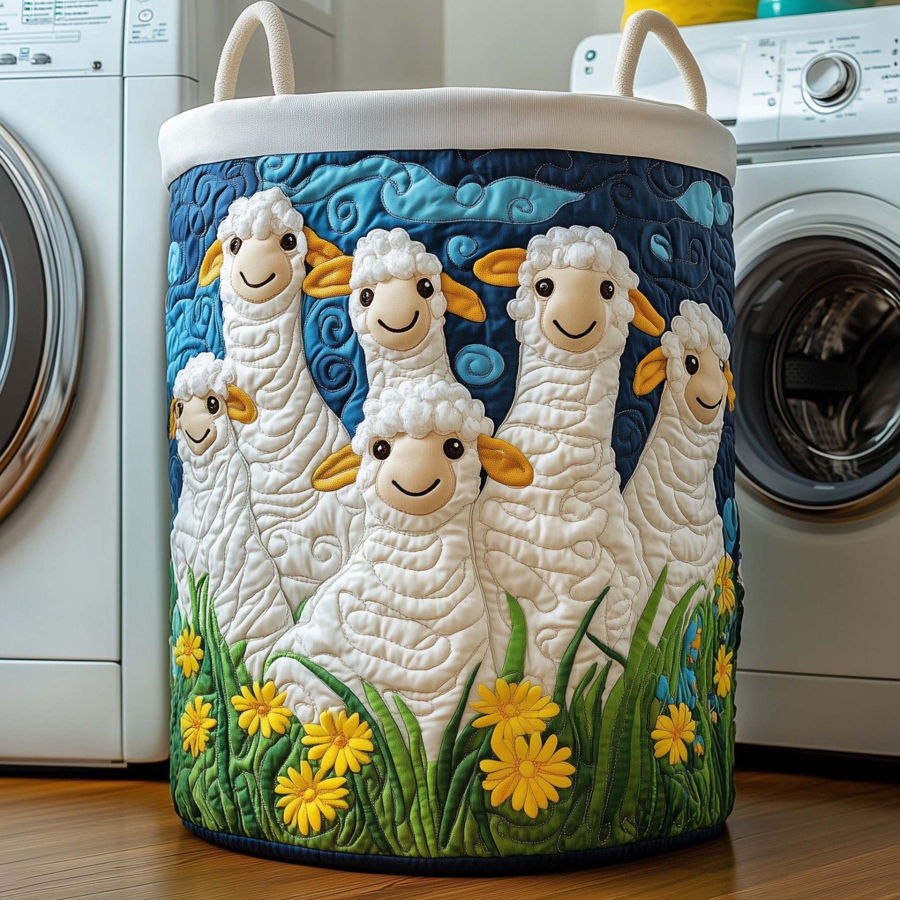 Floral Animal Print Quilted Laundry Basket, Large Circular Cloth Hamper with Handles, Decorative Clothes Storage Bin