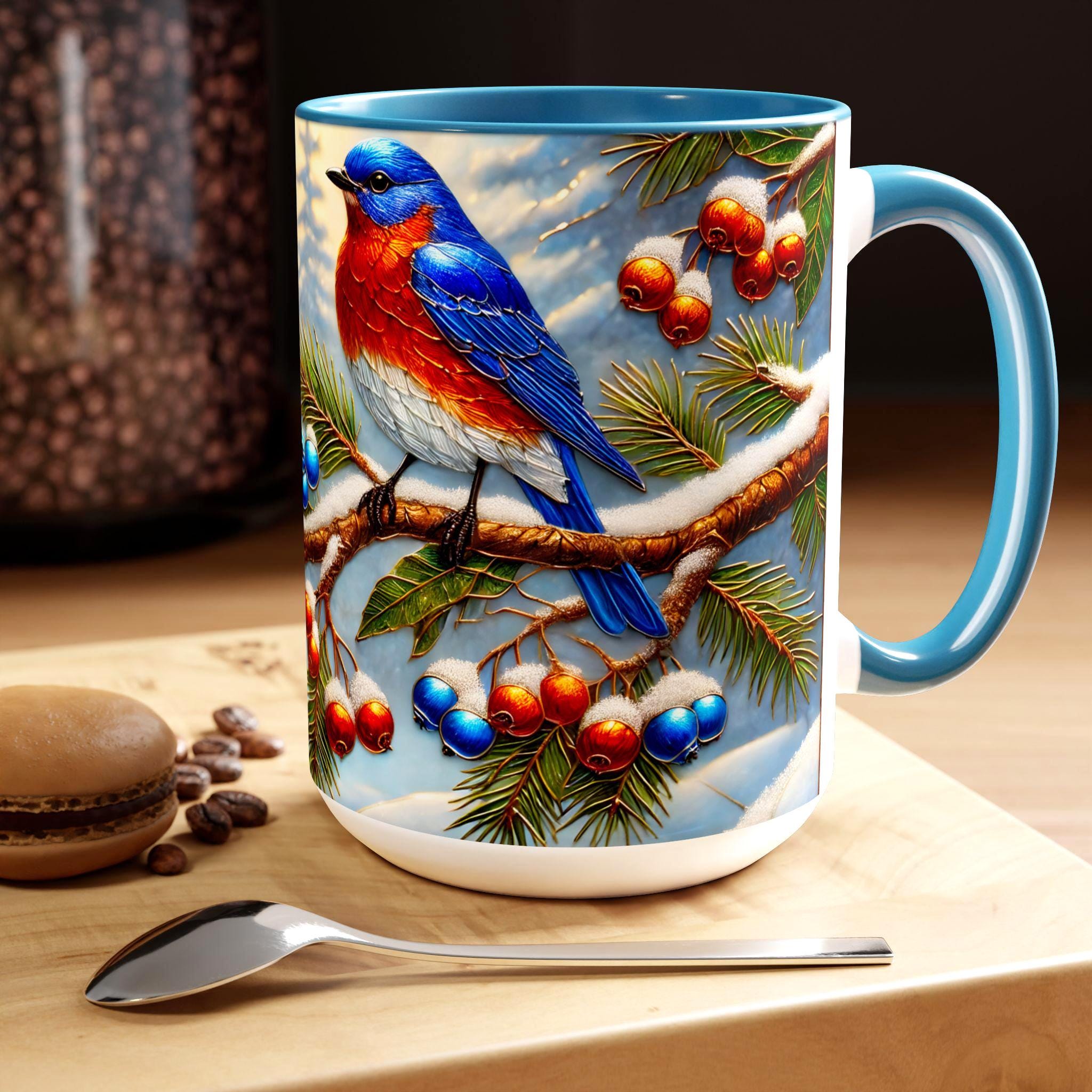 Eastern Blue Bird Mug, Stained Glass Style Eastern Blue Bird Mug, Bird Retro Style Mug, Bluebird Lover Gift 15oz
