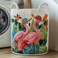 Tropical Flamingo Quilted Laundry Basket, Large Foldable Hamper with Handles, Pink Bird Fabric Storage Bin for Bedroom Bathroom Decor. LBPETAL23