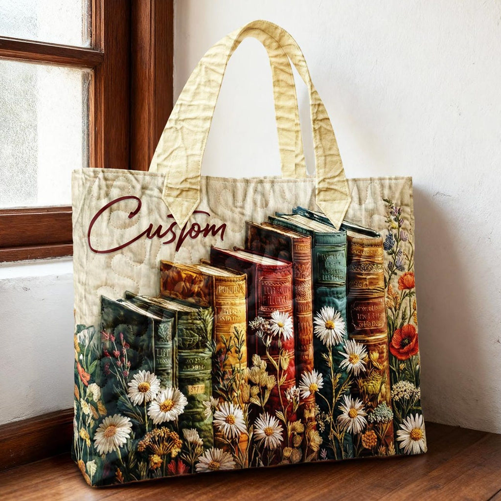 Floral Book Tote Bag, Book Stack Quilted Tote, Cottagecore Book Lover Bag, Vintage Floral Tote, Reading Lover Gift for Her