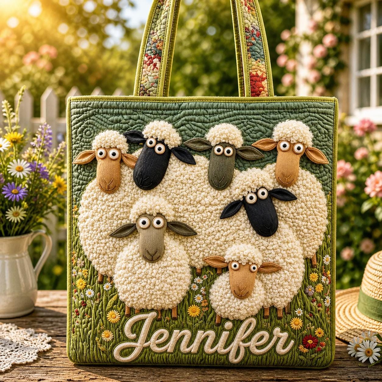 Personalized Happy Sheep Quilt Tote Bag, Custom Name Funny Sheep Tote, Cute Farm Animal Bag, Quilted Shoulder Bag, Handbag for Animal Lover