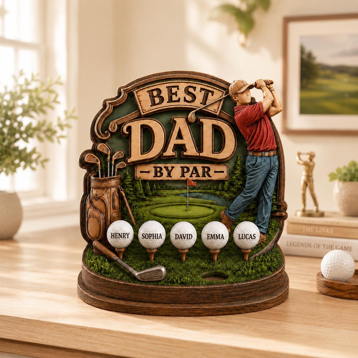 Personalized Golf Dad Sign 2D Flat Wooden Block, Wood With Kids Names Best Dad by Par Sculpture, Golf Grandpa Papa Gift, Father’s Day Gift
