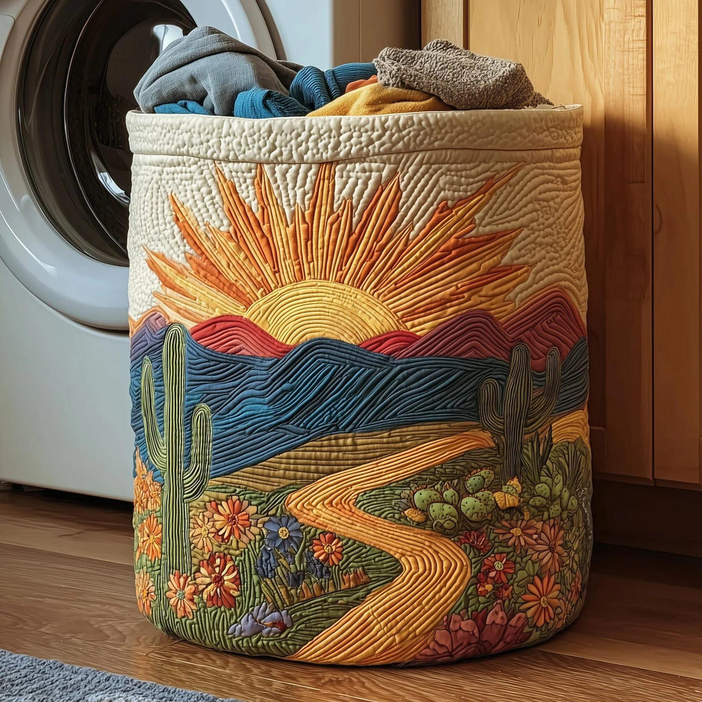 Cactus Desert Quilted Laundry Basket, Large Fabric Clothes Hamper, Foldable Storage Bin for Bedroom Bathroom Nursery Decor