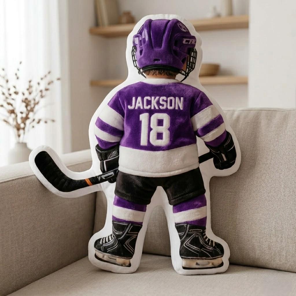 Personalized Hockey Player Pillow Custom Name Number Flat Printed 3D Look NOT Embossed Kids Sports Cushion Team Uniform Gift Room Decor