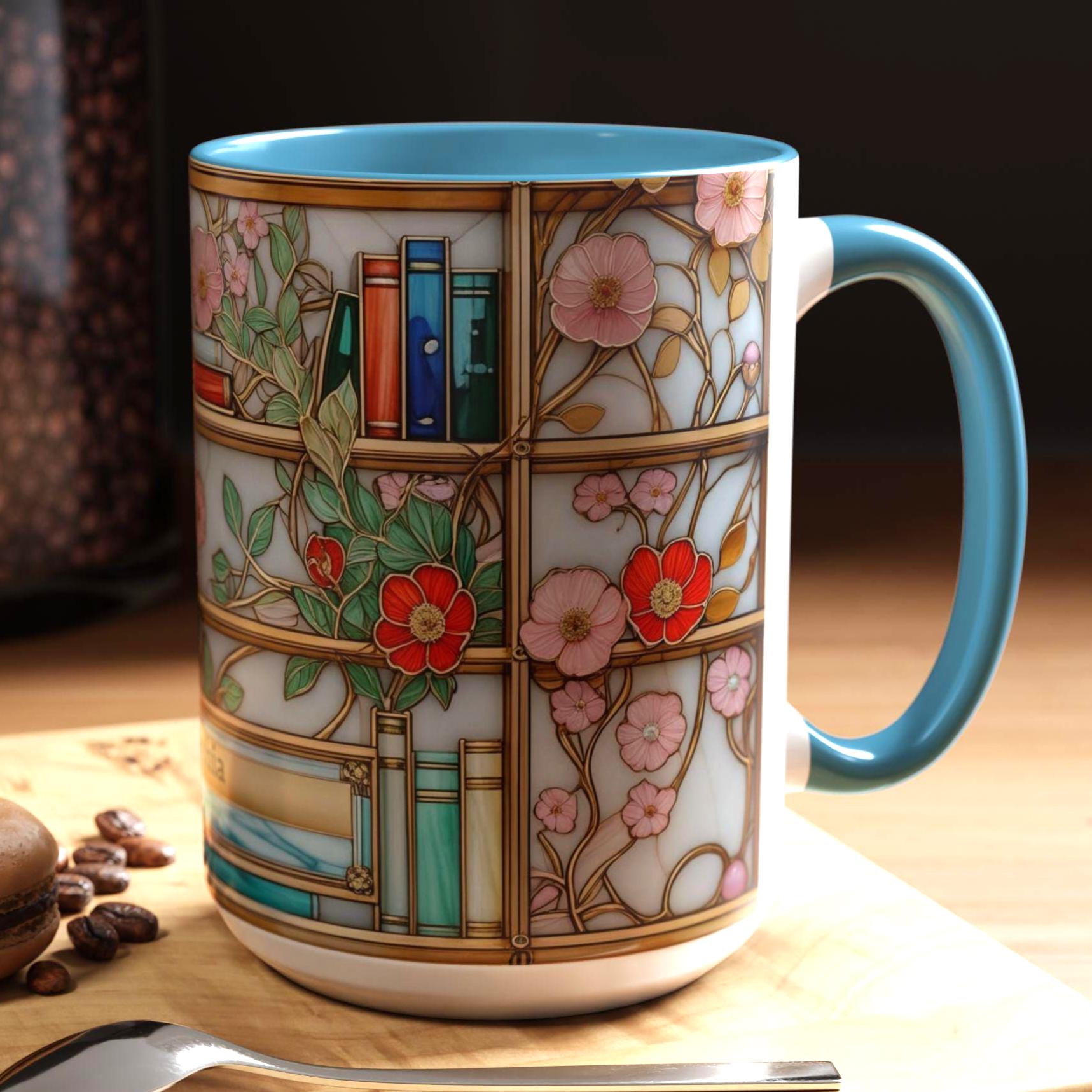 Stained Glass Bookshelf Mug, Floral Coffee Cup, Book Lover Gift, Creative Printed Mug – Simple, Elegant Design