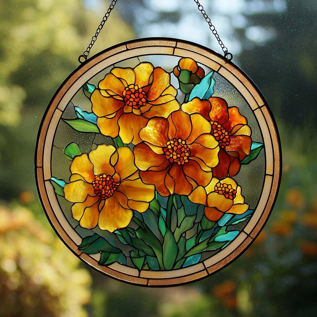 October Birth Flower Marigold Suncatcher – Stained Glass Window Hanging, Floral Home Decor, Sun Catcher Door Ornament, Gift for Her