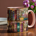 Printed Faux Stained Glass Bookshelf Mug, Book Lover Coffee Cup, Floral Library Art Mug, Reader Gift, Aesthetic Bookish Mug