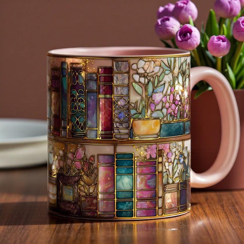 Printed Faux Stained Glass Bookshelf Mug, Book Lover Coffee Cup, Floral Library Art Mug, Reader Gift, Aesthetic Bookish Mug