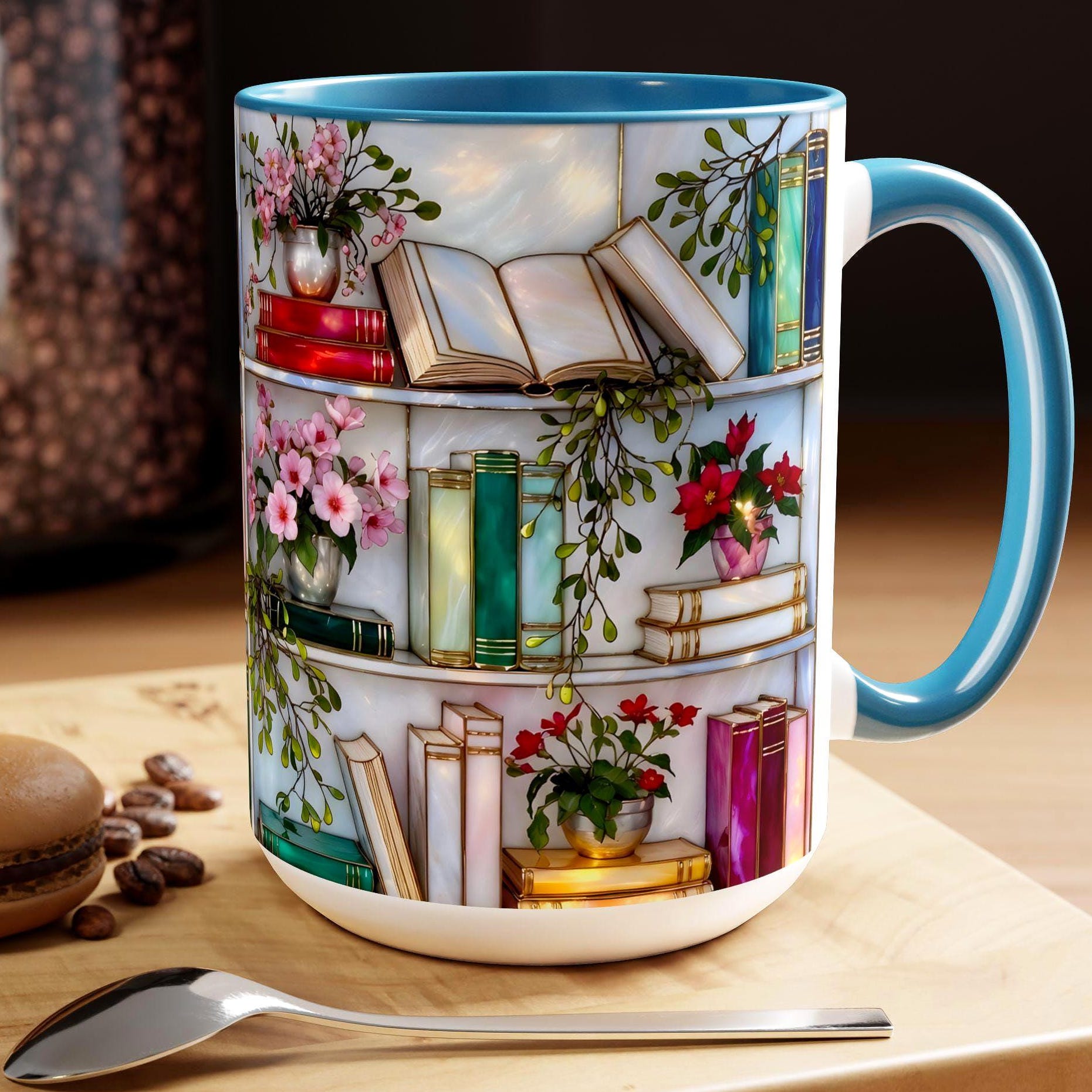 Stained Glass Style Bookshelf Mug, Colorful Floral Book Mug, Book Lover Gift. Elegant Reading Mug, Gift Mug – Thoughtful Design for Coffee Lovers
