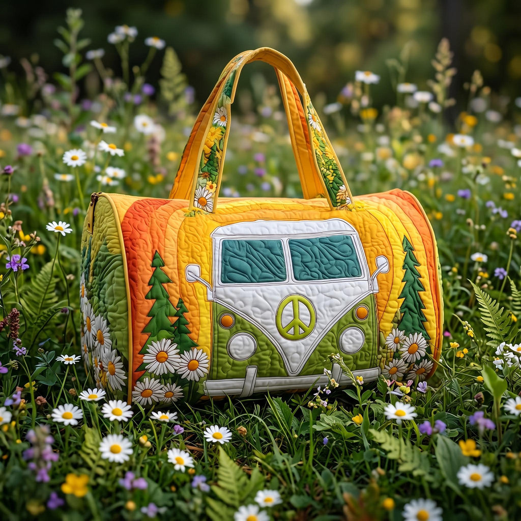 Quilted Camper Van Weekender Bag – Daisy Boho Travel Tote, Forest Nature Overnight Bag, Cute Outdoor Duffel Gift for Women