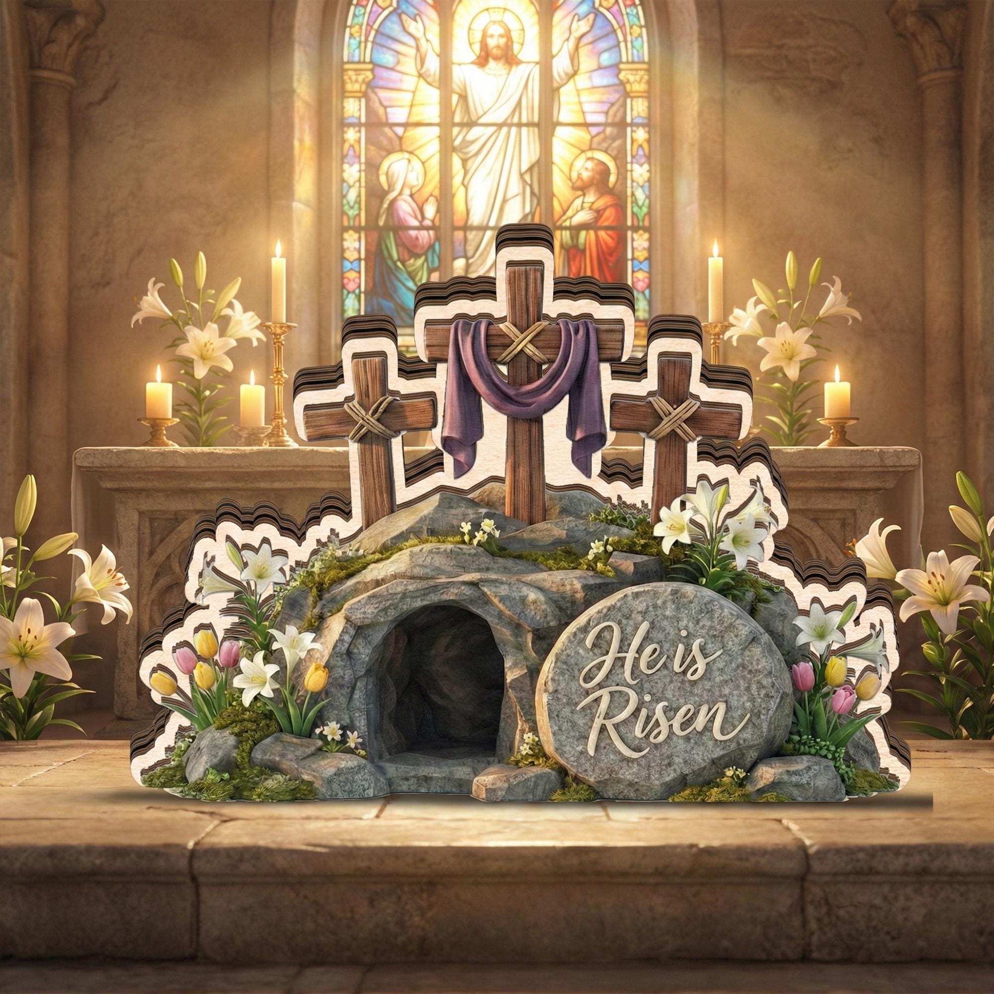 Personalizable He is Risen Easter Decor, CUSTOMIZABLE Christian Resurrection Cross Tomb Sign, Religious Spring Home Display, Faith Gift