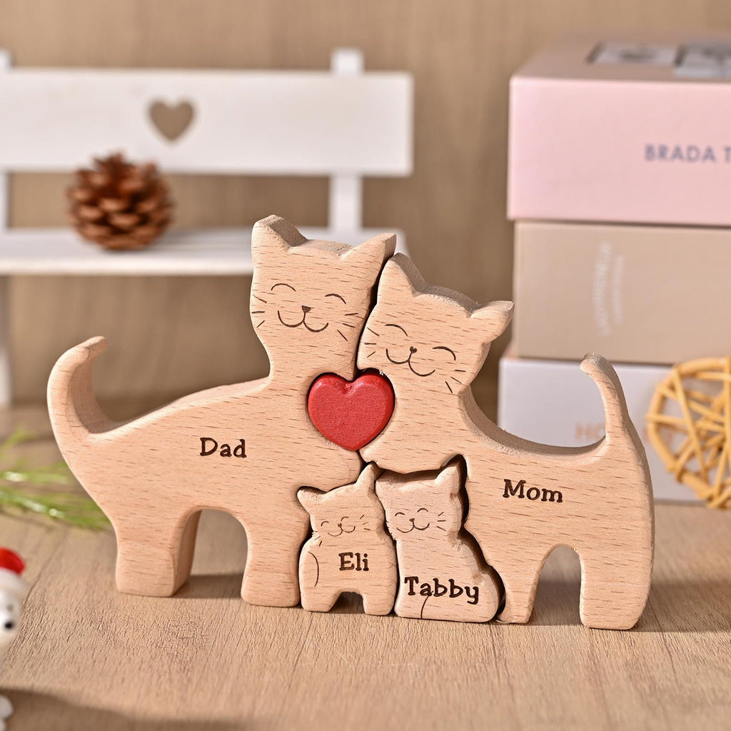 Personalized Cat Gifts for 2-6, Wooden Cat Family Puzzle, Carved Wood Cat, Anniversary Gift for Mom, New Mum Gift, Wife Christmas Present