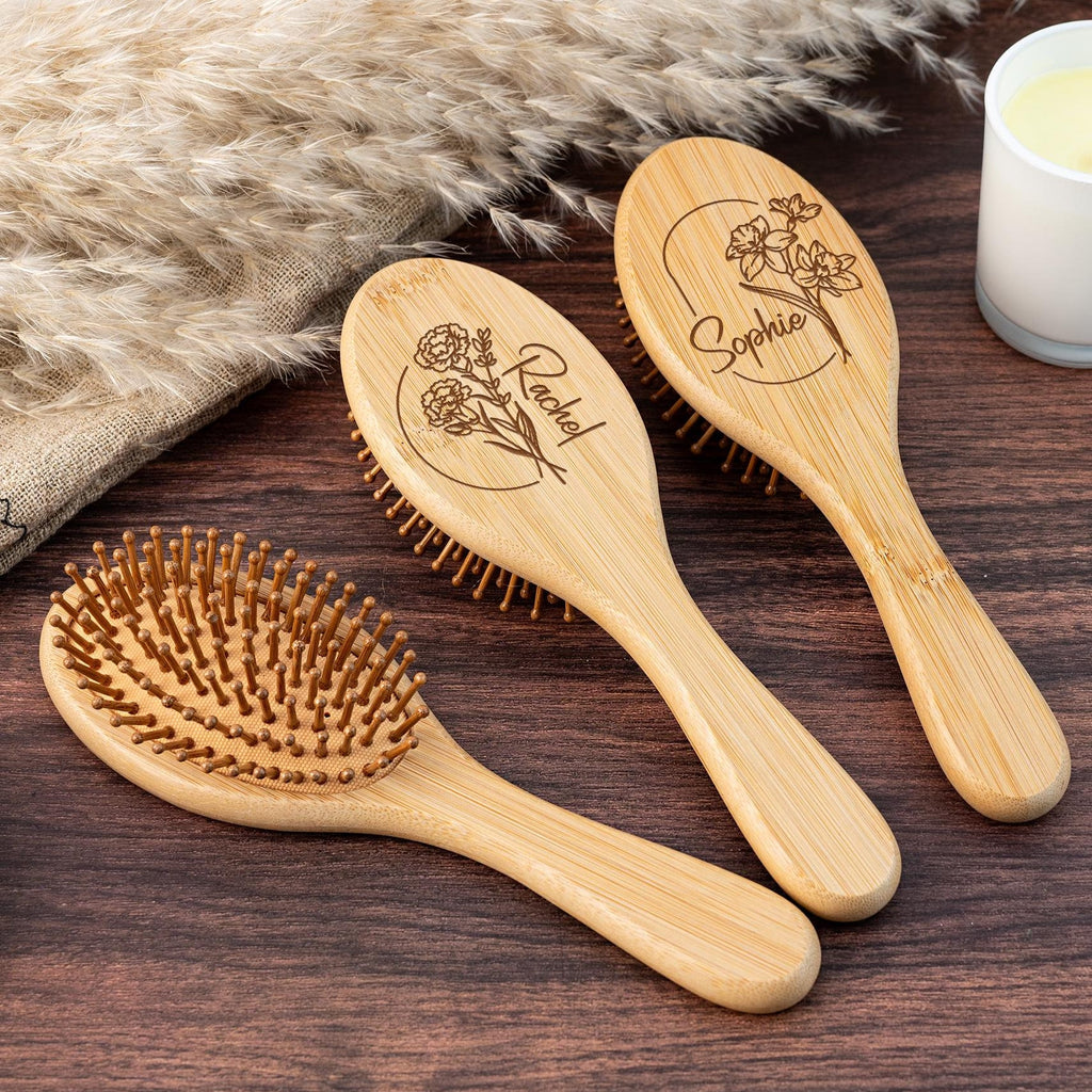 Personalized Birth Flower Wooden Comb,Engraved Name Airbag Brush,Wedding Bridesmaid Gift,Birthday Gift for Her,Bamboo Paddle Hairbrush