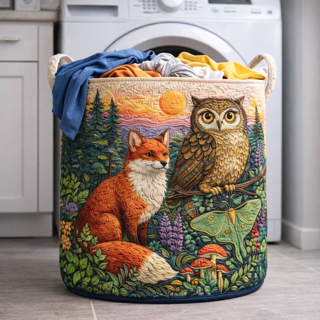 Woodland Fox Owl Quilted Laundry Basket, Forest Animal Fabric Hamper, Decorative Storage Bin, Rustic Home Organizer, Nursery Toy Basket