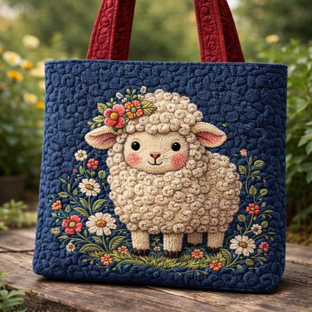 Quilted Sheep Tote Bag, Floral Lamb Bag, Cute Animal Tote, Handmade Quilted Purse, Floral Animal Bag, Cozy Tote, Gift for Her