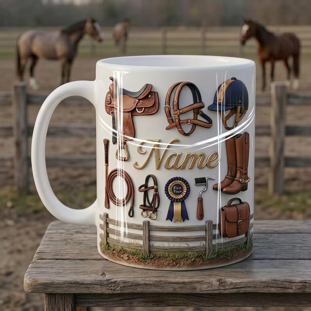 Personalized Horseback Riding Mug, Custom Rider Name Coffee Cup, Faux 3D Effect Equestrian Gift, 11oz or 15oz