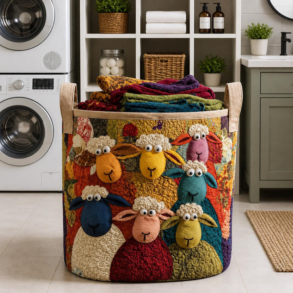 Sheep Heaven Quilted Laundry Basket, Cute Adorable Sheep Clothes Hamper, Good Basket Fabric, Farm Animal Decor, Sheep Lover Gift