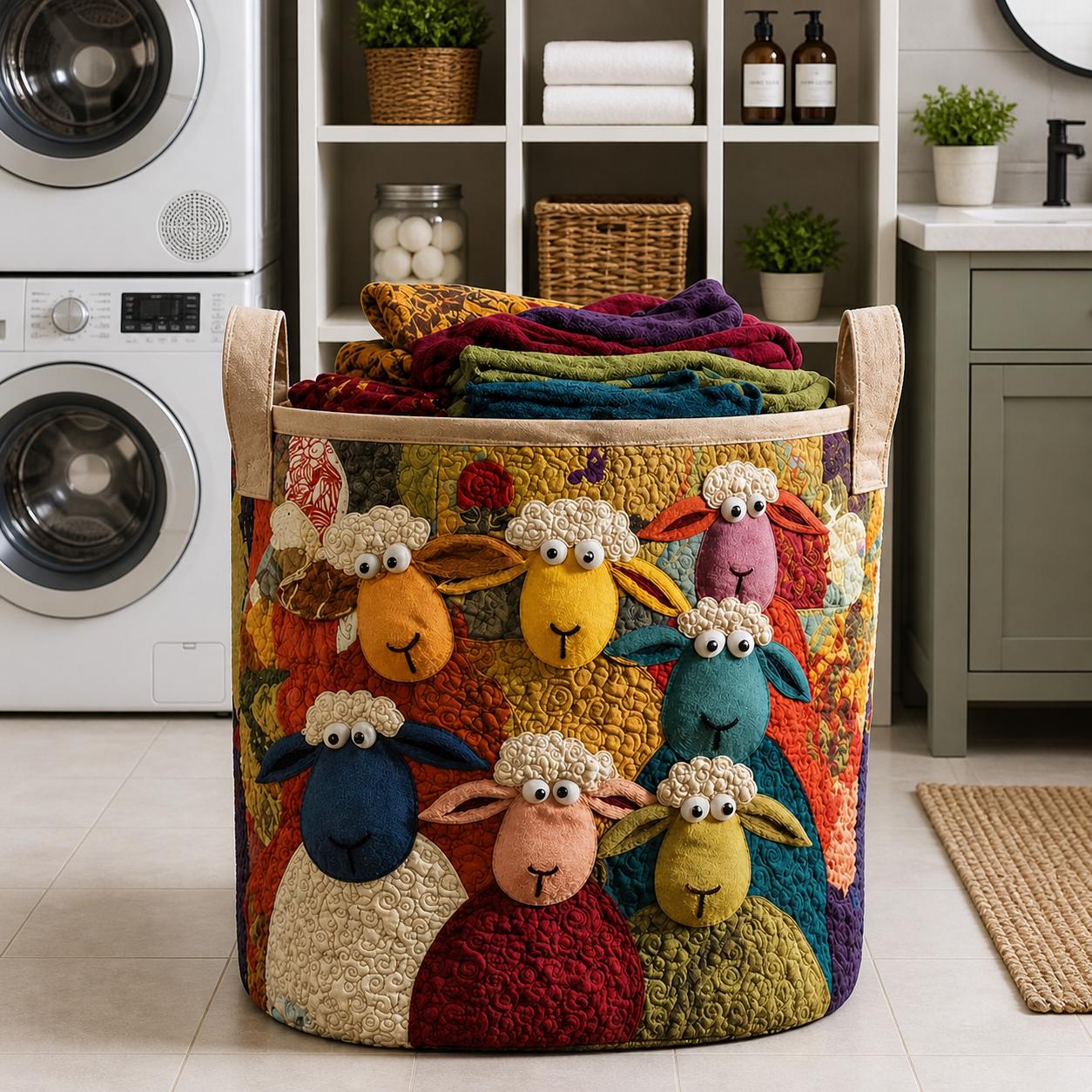 Sheep Heaven Quilted Laundry Basket, Cute Adorable Sheep Clothes Hamper, Good Basket Fabric, Farm Animal Decor, Sheep Lover Gift