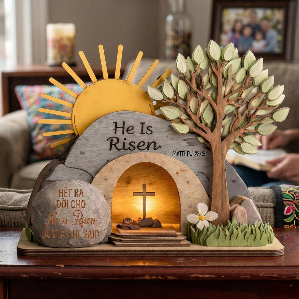 He is Risen Easter 3 Layer Wooden Block, Christian Resurrection Table Sign, Christian Religious Home Decor Gift, Empty Tomb Cross Wood Shelf
