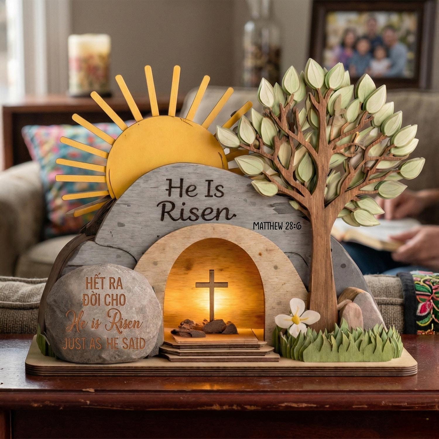 He is Risen Easter 3 Layer Wooden Block, Christian Resurrection Table Sign, Christian Religious Home Decor Gift, Empty Tomb Cross Wood Shelf
