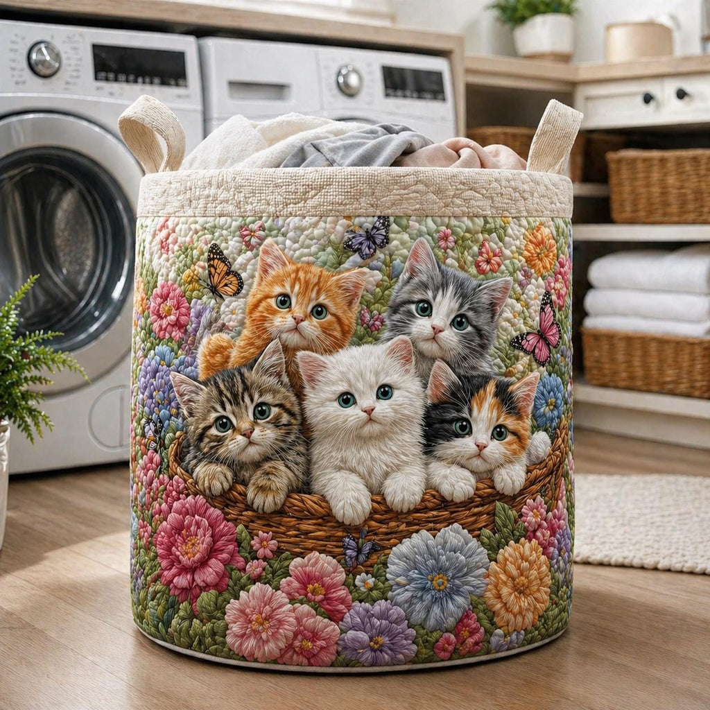 Vintage Meow Quilted Laundry Basket, Cat Laundry Room Decor, Soft Fabric Hamper, Colorful Cat Storage Bin, Gift for Mom, Gift for Her