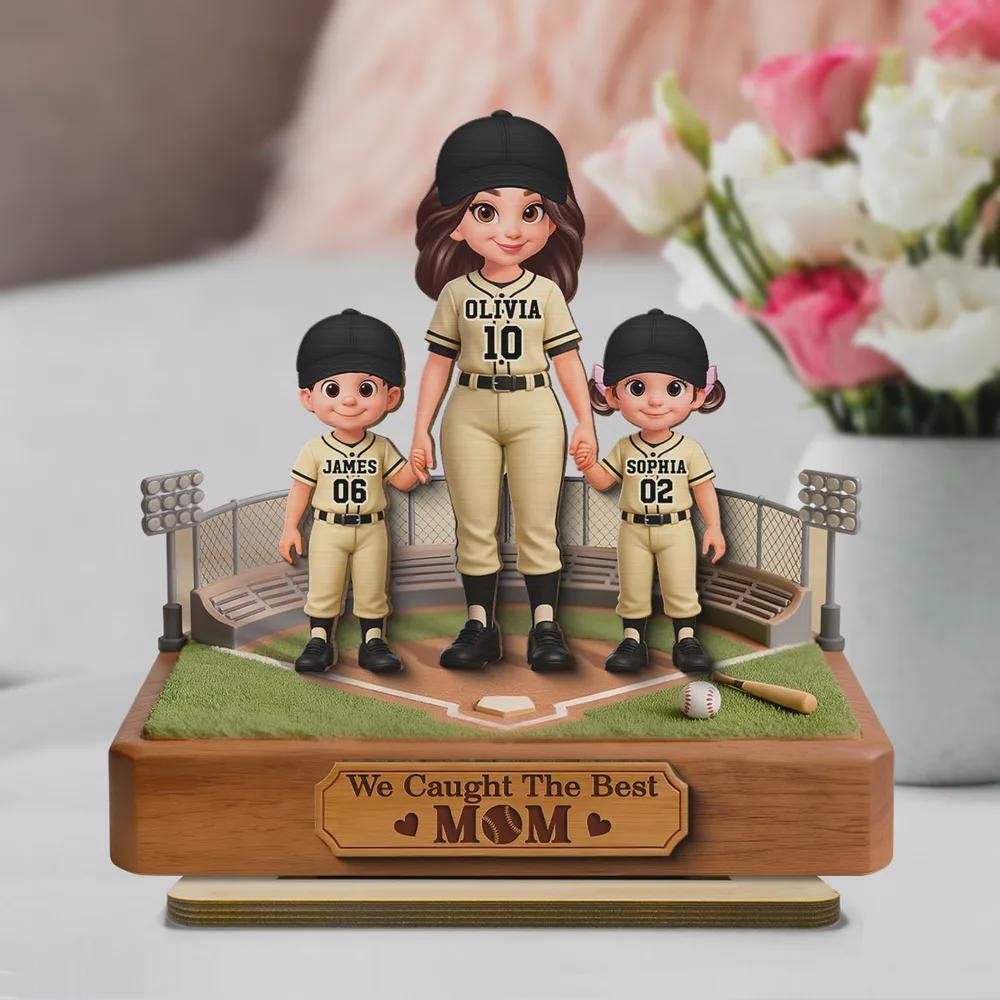 Customized We Caught the Best Mom Wooden Plaque With Flat Base, Decor Gift for Mommy Son Baseball Lover, Birthday Mother's Day Keepsake Gift