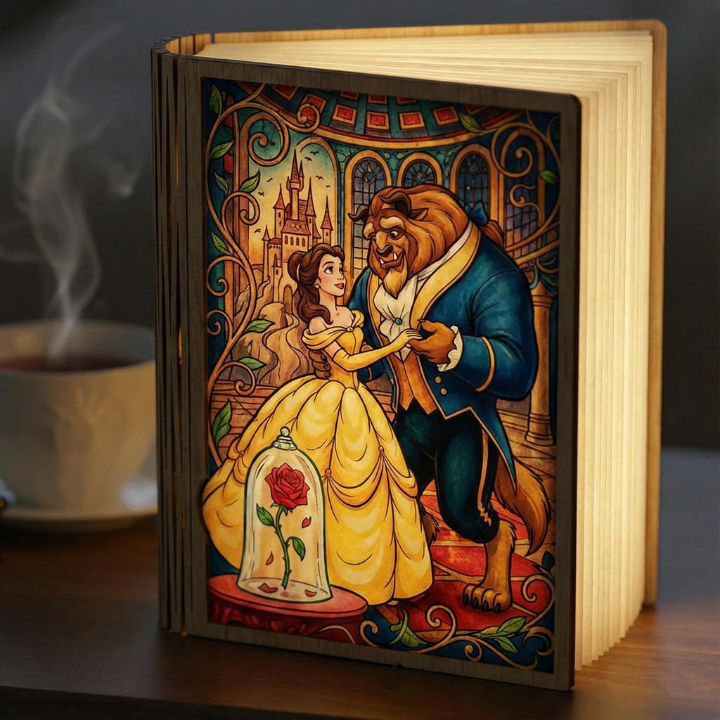 Beauty and the Beast Book Lamp, Disney Couple Wood Folding Book Lamp, Enchanted Belle Princess Reading Lamp, Disney Night Light
